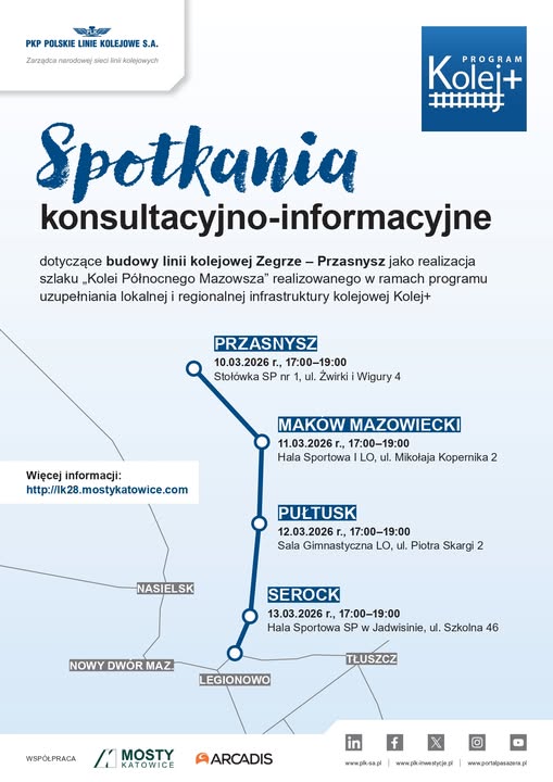 Konsultacje społeczne – projekt „Budowa linii kolejowej Zegrze–Przasnysz”.